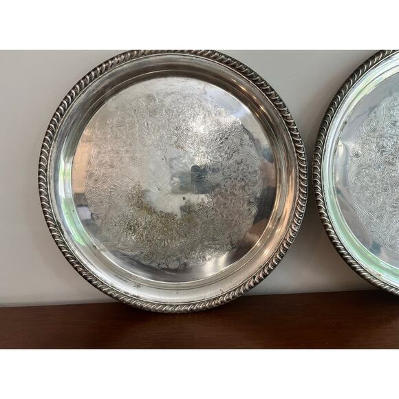 Two WM Rogers 171 Silverplated VTG 12" Round Rope Edge Platter Serving Tray - Picture 3 of 6